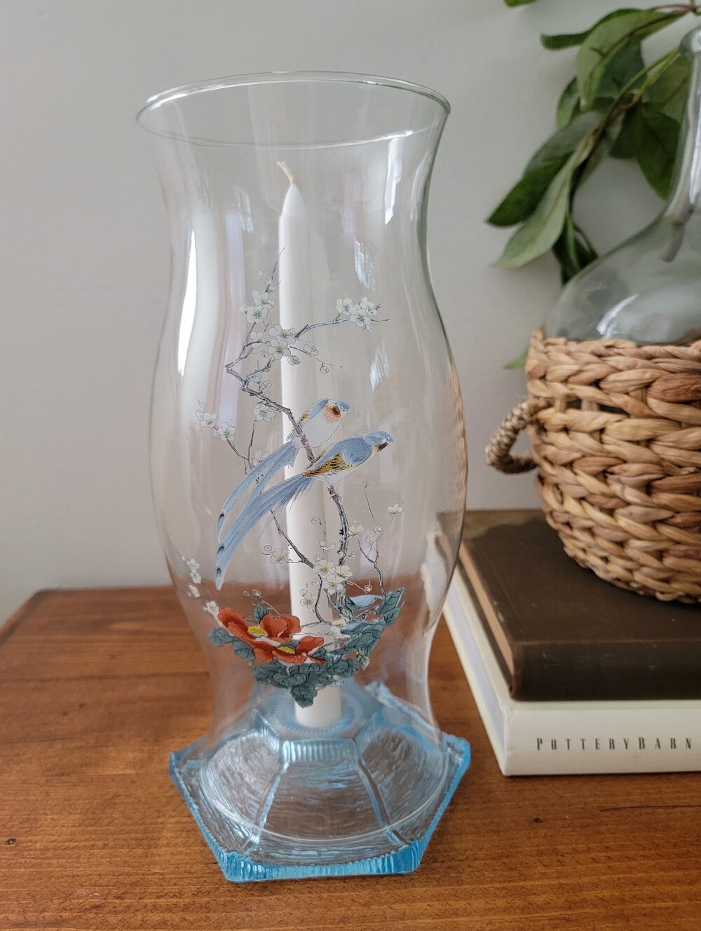 Vintage Hurricane Candle Holder Birds Floral Design Glass Chimney & Base